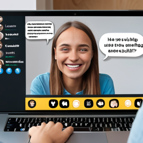 Home 11 A friendly AI tutor on a laptop screen, helping a user with German pronunciation, with speech bubbles showing phonetic symbols and the user smiling confidently during a video call with a German friend.