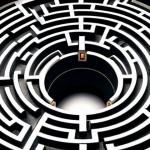 A complex maze representing the challenge of learning German articles (der, die, das), with a hidden exit symbolizing eventual mastery.
