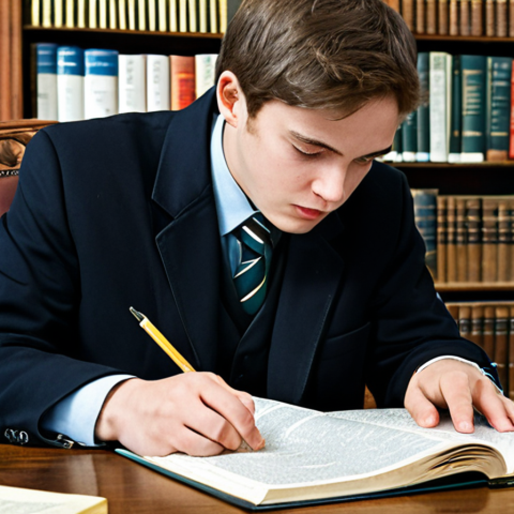 A dedicated university student, fully clothed in professional and modest academic attire, is intensely focused on an open, thick German-English paper dictionary on a classic wooden desk. The scene is set in a quiet, well-lit academic library, with textbooks and a notebook surrounding them, indicating deep concentration. The student's hands are naturally placed on the dictionary. Perfect anatomy, correct proportions, natural pose, well-formed hands, proper finger count, natural body proportions. High-resolution professional photography, natural lighting, safe for work, appropriate content, fully clothed, professional.