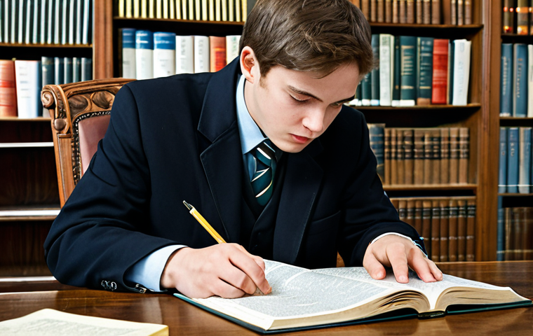 A dedicated university student, fully clothed in professional and modest academic attire, is intensely focused on an open, thick German-English paper dictionary on a classic wooden desk. The scene is set in a quiet, well-lit academic library, with textbooks and a notebook surrounding them, indicating deep concentration. The student's hands are naturally placed on the dictionary. Perfect anatomy, correct proportions, natural pose, well-formed hands, proper finger count, natural body proportions. High-resolution professional photography, natural lighting, safe for work, appropriate content, fully clothed, professional.