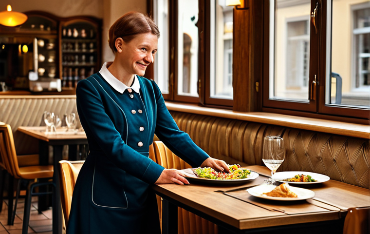 Restaurant Scene**
"A woman in a professional, modest dress ordering food at a restaurant in Germany, fully clothed, appropriate attire, safe for work, perfect anatomy, correct proportions, well-formed hands, proper finger count, natural pose, family-friendly, professional photography, high quality, warm lighting, friendly atmosphere."
**