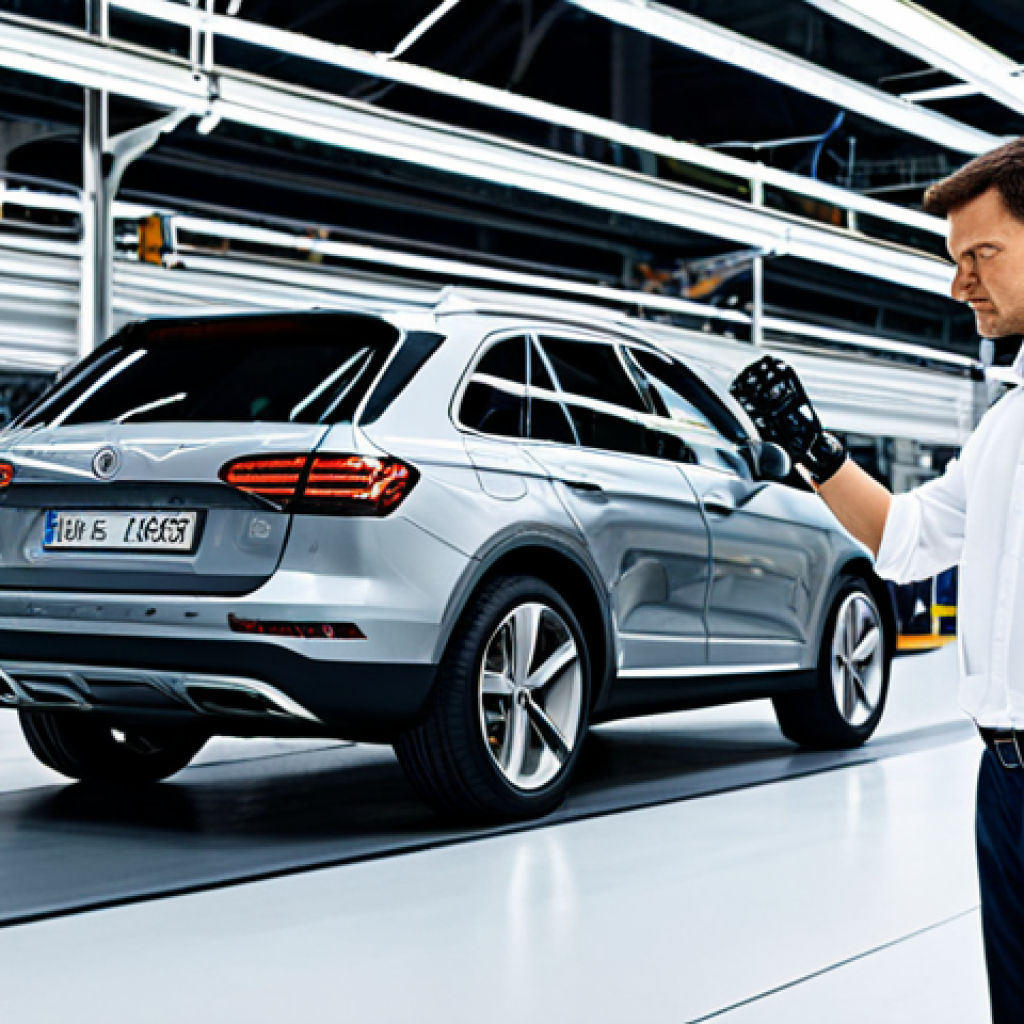 **
"A professional engineer in a modest business attire, standing in a modern German automotive factory, examining a robotic arm on an assembly line, fully clothed, safe for work, perfect anatomy, natural proportions, professional photography, high quality, appropriate content, family-friendly."
**