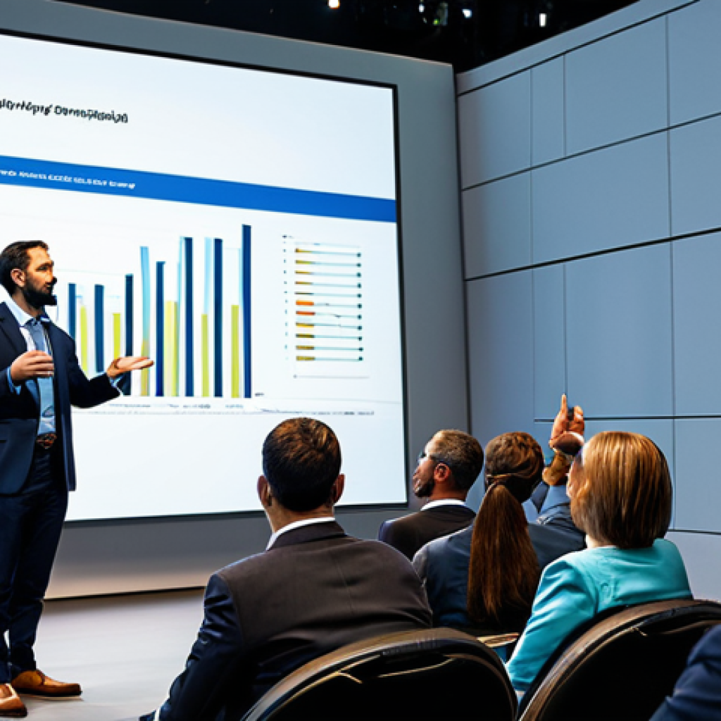 독일어 프레젠테이션 용어 - Engaging Opening**
"A diverse group of business professionals attentively listening to a speaker on...