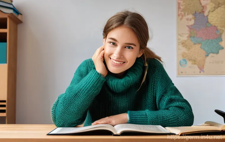 독일어권 지역별 악센트 비교 - **Image Prompt:** A young woman, appearing to be in her early twenties, is sitting at a well-lit woo...