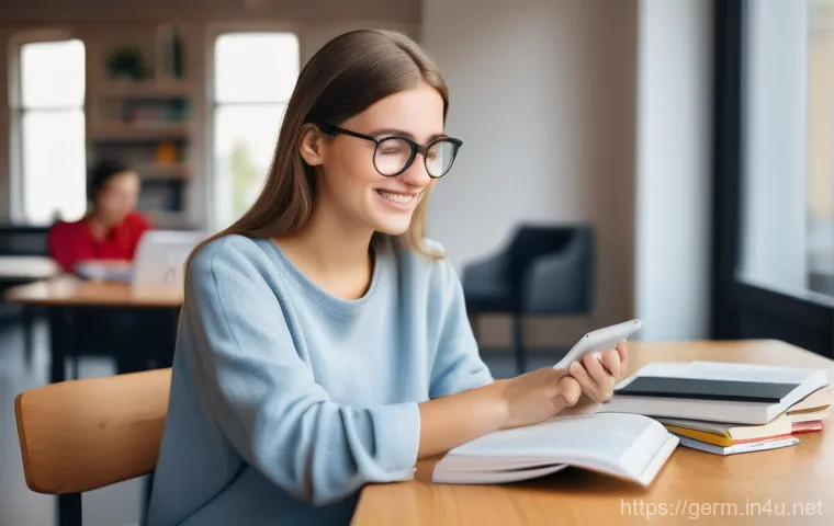 독일어 회화 패턴 100가지 - A young woman, initially looking slightly overwhelmed with German grammar books and scattered notes ...