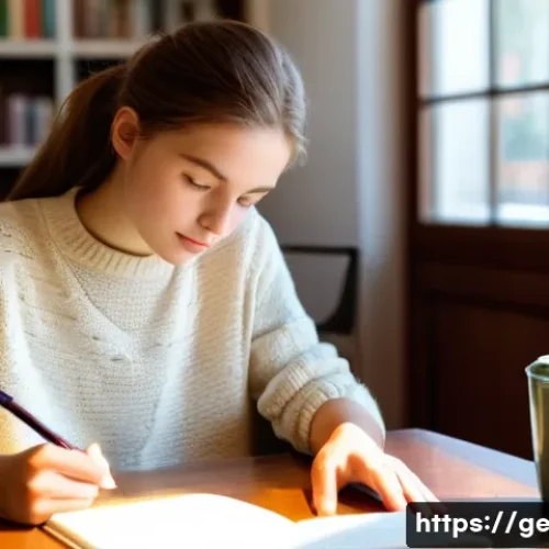 Home 11 독일어 작문 연습법 - A young woman, approximately 19 years old, sits comfortably at a natural wood desk in a sunlit home ...