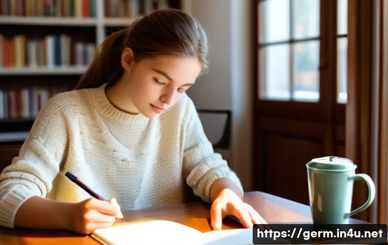 독일어 작문 연습법 - A young woman, approximately 19 years old, sits comfortably at a natural wood desk in a sunlit home ...